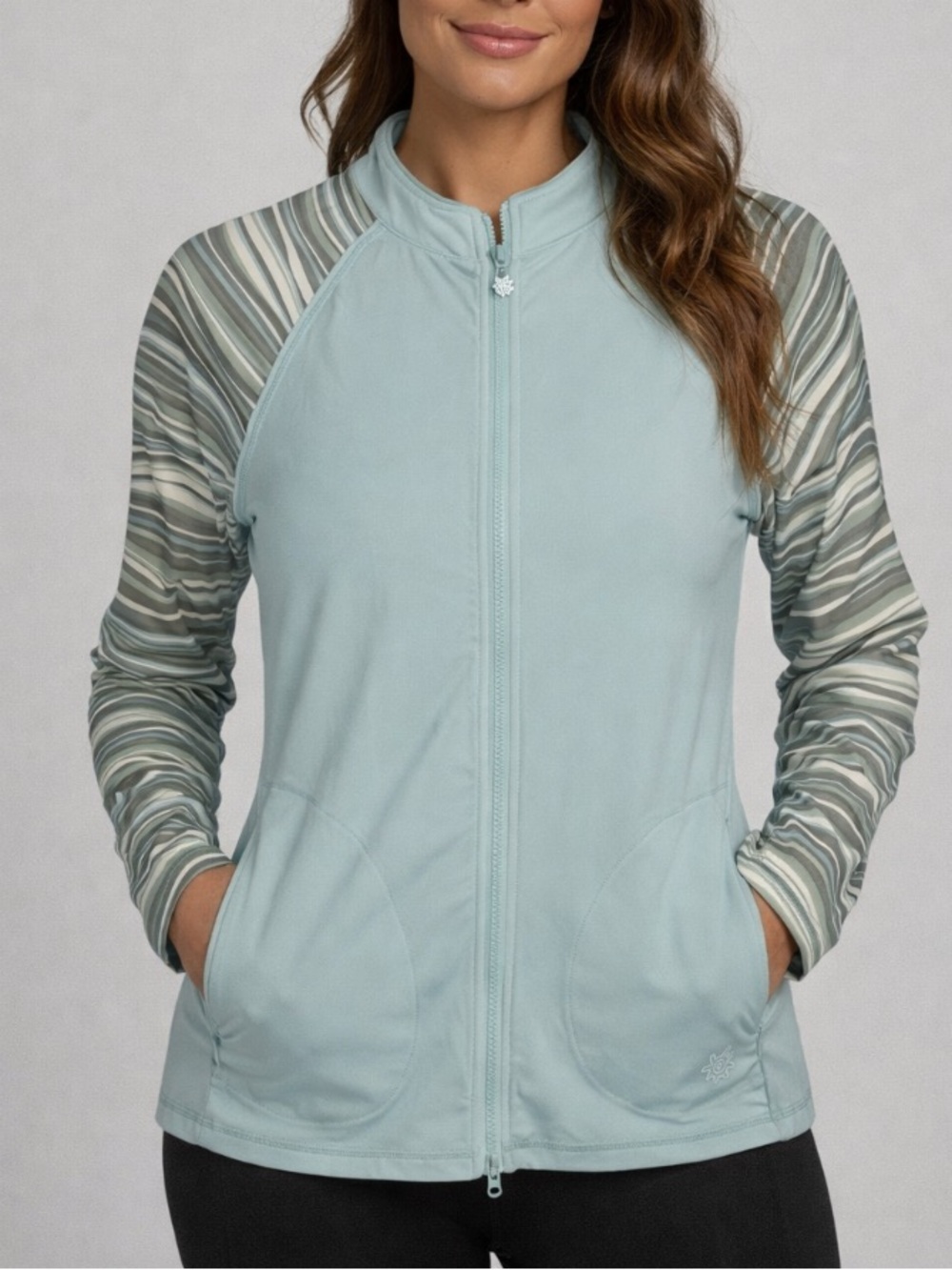 UV Skinz UPF 50+ Sunwear Jacket Womens Large Teal Striped Full Zip Rash Guard